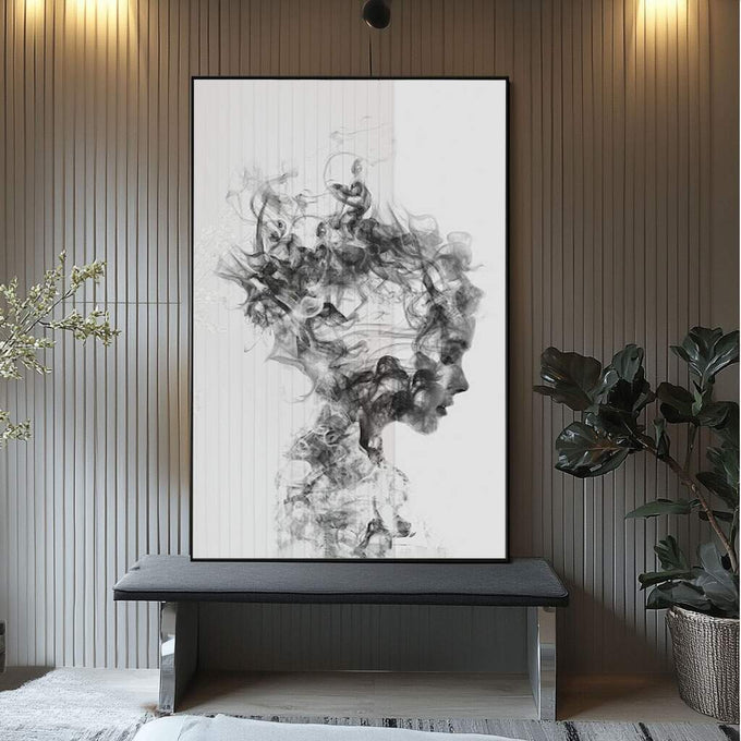 Quadro Decorativo Fumaça e Flor: Beleza em Monocromia - quadros decorativos para sala 1 Tela Vertical, 3 Telas - em ambiente decorado