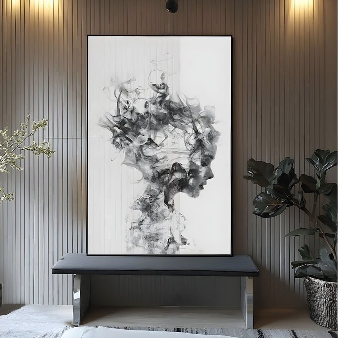 Perfil de cabeça formado por fumaça preta se dissolvendo sobre fundo cinza claro, quadro decorativo