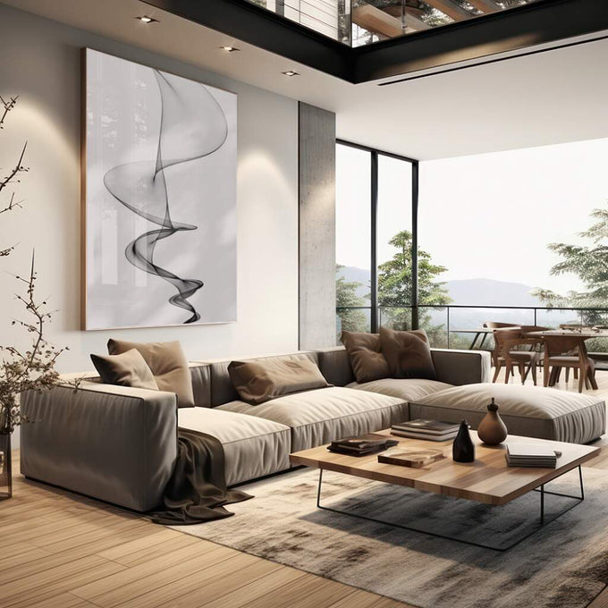 Quadro Decorativo Inspirador: Abstração Espiral em Preto e Branco - quadros decorativos 1 Tela Vertical, 3 Telas - em sala moderna