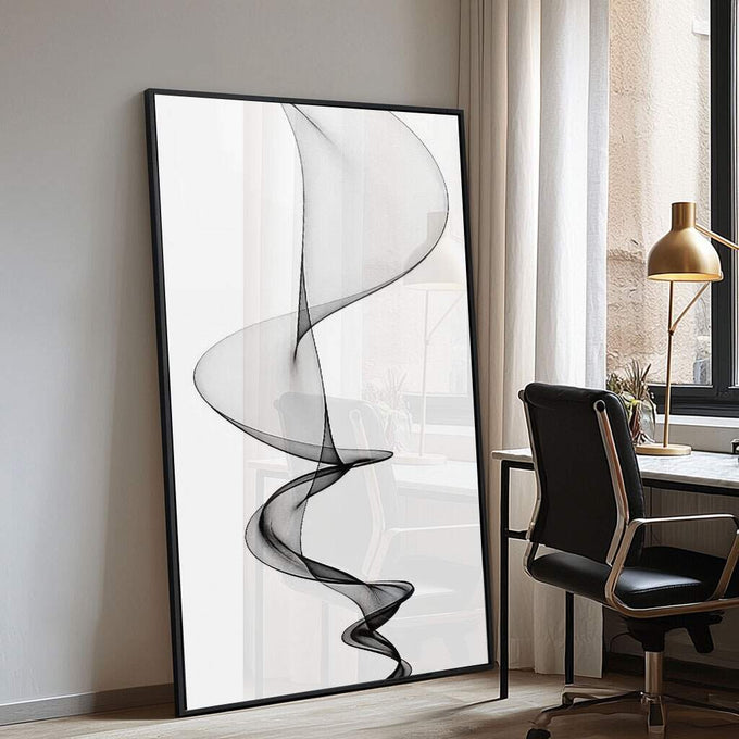 Quadro Decorativo Inspirador: Abstração Espiral em Preto e Branco - quadros decorativos para sala 1 Tela Vertical, 3 Telas - em ambiente decorado