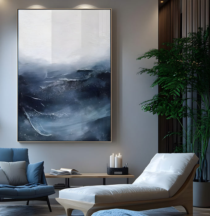 Mar abstrato azul marinho com espuma branca sob névoa branca texturizada, quadro decorativo