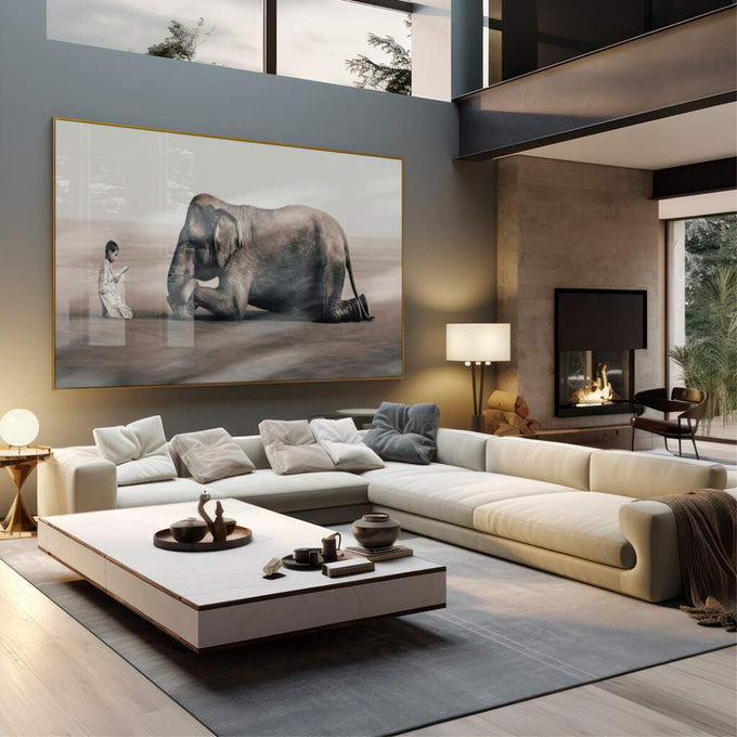 Quadro Decorativo Reflexivo A Leitura e o Elefante - quadros decorativos 1 Tela, 1 Tela Horizontal - em sala moderna