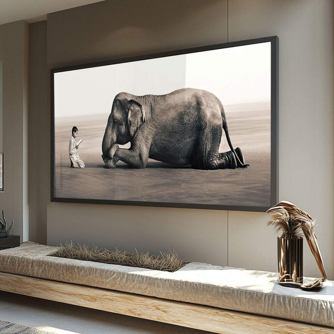 Quadro Decorativo Reflexivo A Leitura e o Elefante - quadros decorativos para sala 1 Tela, 1 Tela Horizontal - em ambiente decorado