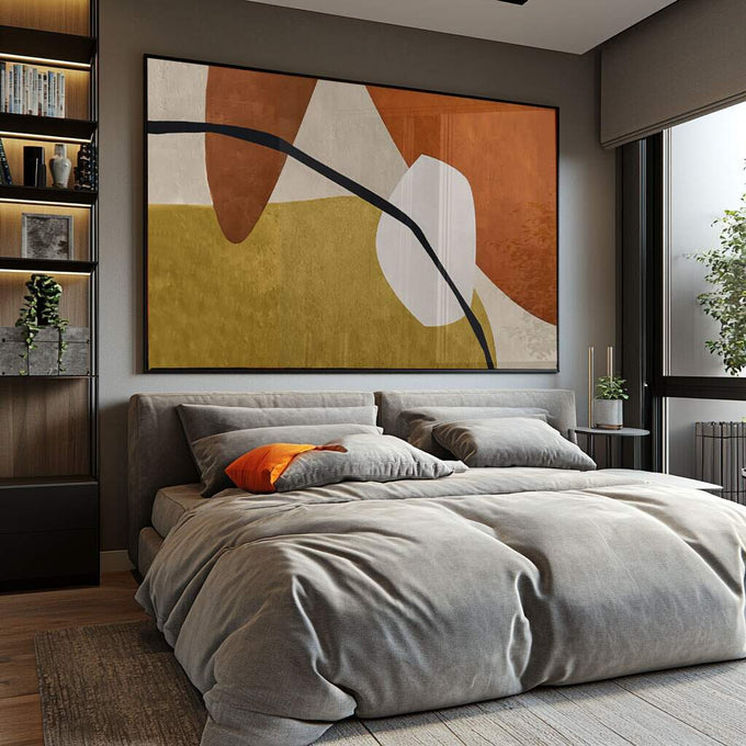 Quadro Decorativo: Abstração Vibrante em Laranja e Preto - quadros decorativos para sala 1 Tela, 1 Tela Horizontal - em ambiente decorado