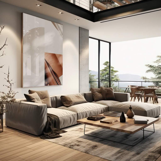 Quadro Decorativo Arte Abstrata: Elegância em Tons Terrosos - quadros decorativos para sala 1 Tela Vertical, 3 Telas - em living room premium