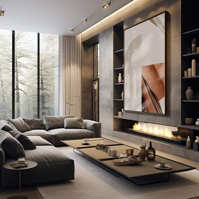 Quadro Decorativo Arte Abstrata: Elegância em Tons Terrosos - quadros decorativos 1 Tela Vertical, 3 Telas - em sala moderna