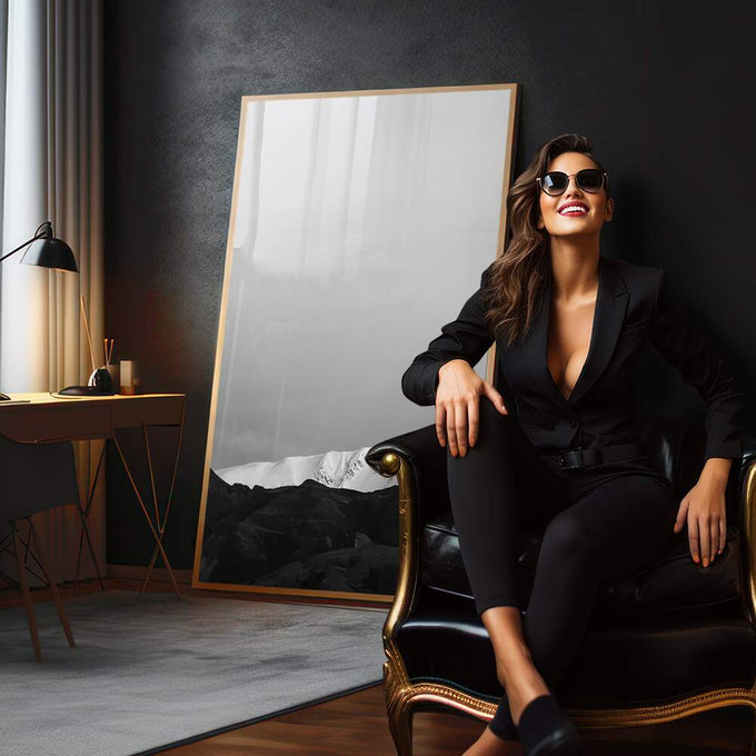 Quadro Decorativo Elegância Monocromática: Luxo Moderno - quadros decorativos para sala 1 Tela Vertical, 3 Telas - em quarto contemporaneo
