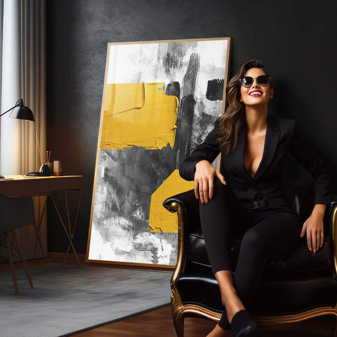Quadro Decorativo: Ousadia em Amarelo e Preto - quadros decorativos para sala 1 Tela Vertical, 3 Telas - em quarto contemporaneo