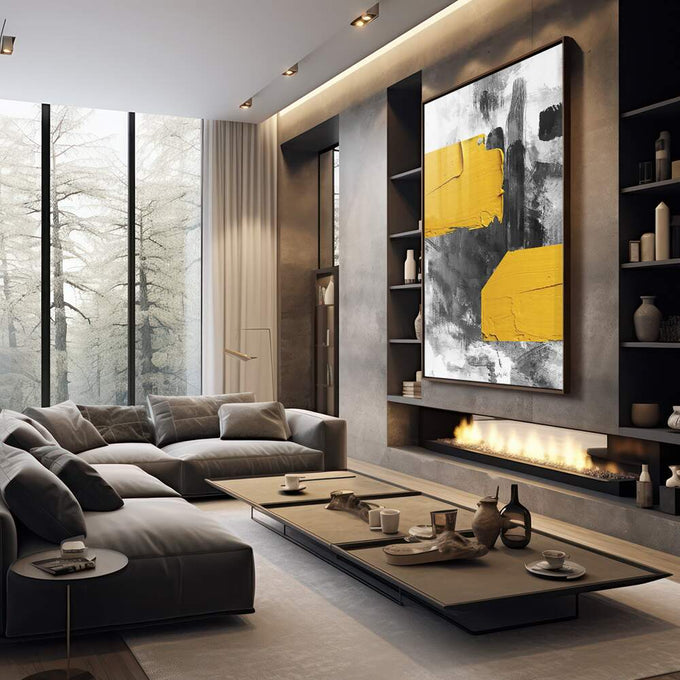 Quadro Decorativo: Ousadia em Amarelo e Preto - quadros decorativos 1 Tela Vertical, 3 Telas - em sala moderna