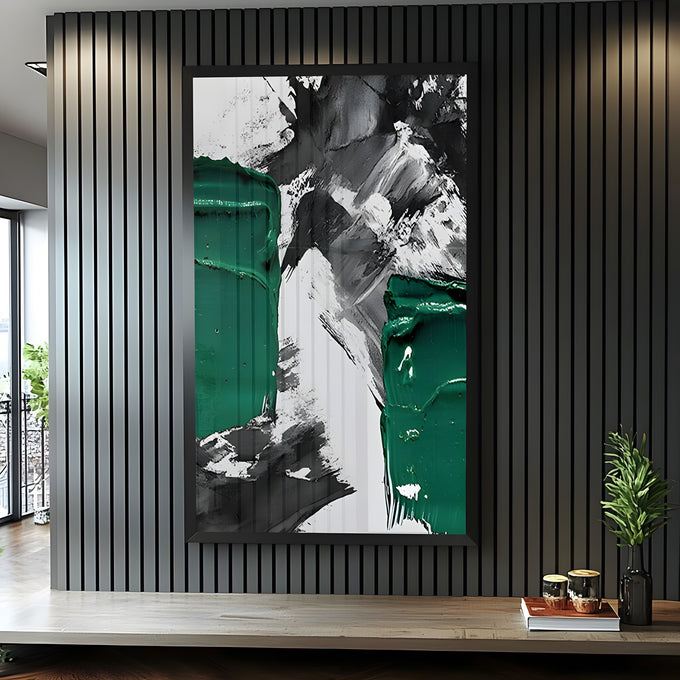 Pinceladas espessas verde esmeralda sobre fundo preto, cinza e branco em arte abstrata, quadro decorativo