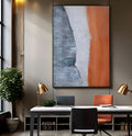 Pintura abstrata com textura em faixas verticais azul acinzentado, branco e laranja, quadro decorativo