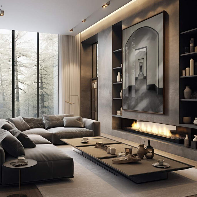 Quadro Decorativo Corredor do Tempo: Elegância Atemporal - quadros decorativos 1 Tela Vertical, 3 Telas - em sala moderna