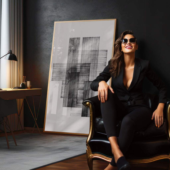 Quadro Decorativo: Elegância Geométrica Preto e Branco - quadros decorativos para sala 1 Tela Vertical, 3 Telas - em quarto contemporaneo