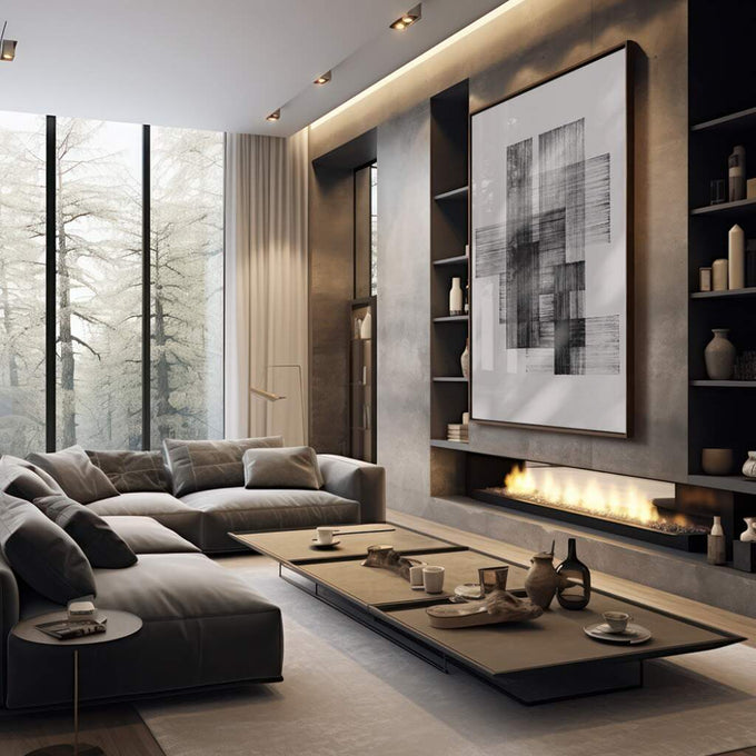 Quadro Decorativo: Elegância Geométrica Preto e Branco - quadros decorativos 1 Tela Vertical, 3 Telas - em sala moderna