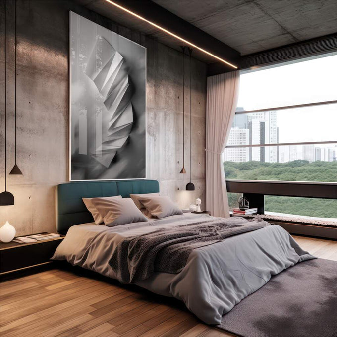 Quadro Decorativo: Elegância de Origami em Tons de Cinza - quadros decorativos 1 Tela Vertical, 3 Telas - em escritorio elegante