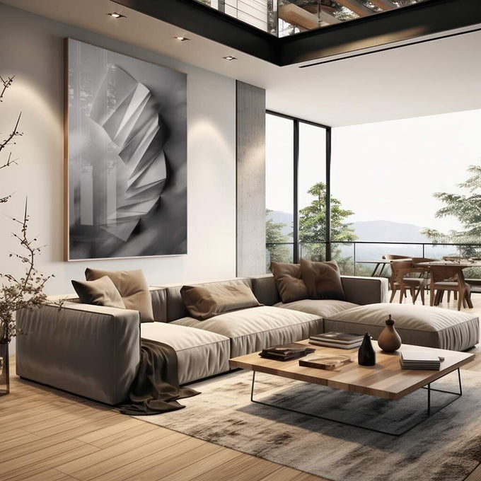 Quadro Decorativo: Elegância de Origami em Tons de Cinza - quadros decorativos para sala 1 Tela Vertical, 3 Telas - em living room premium