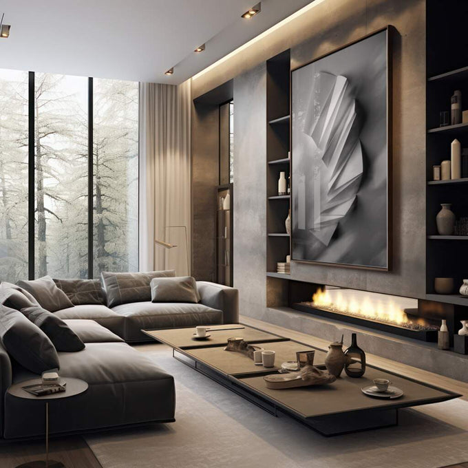 Quadro Decorativo: Elegância de Origami em Tons de Cinza - quadros decorativos 1 Tela Vertical, 3 Telas - em sala moderna