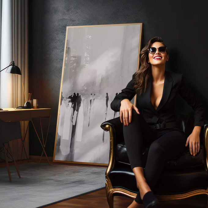 Quadro Decorativo Cidade Vibrante: Essência Urbana em Foco - quadros decorativos 1 Tela Vertical, 3 Telas - em sala moderna