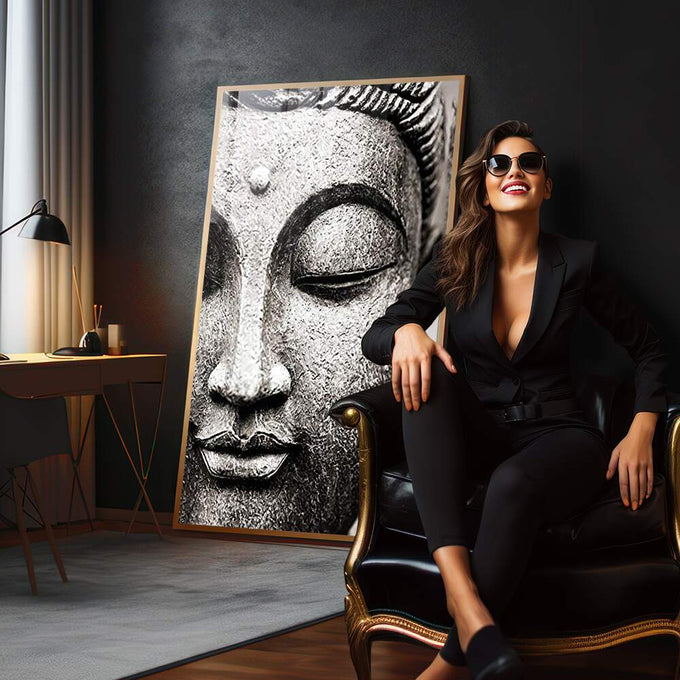 Quadro Decorativo Serenidade Budista: Uma Paz Profunda - quadros decorativos 1 Tela Vertical, 3 Telas - em escritorio elegante