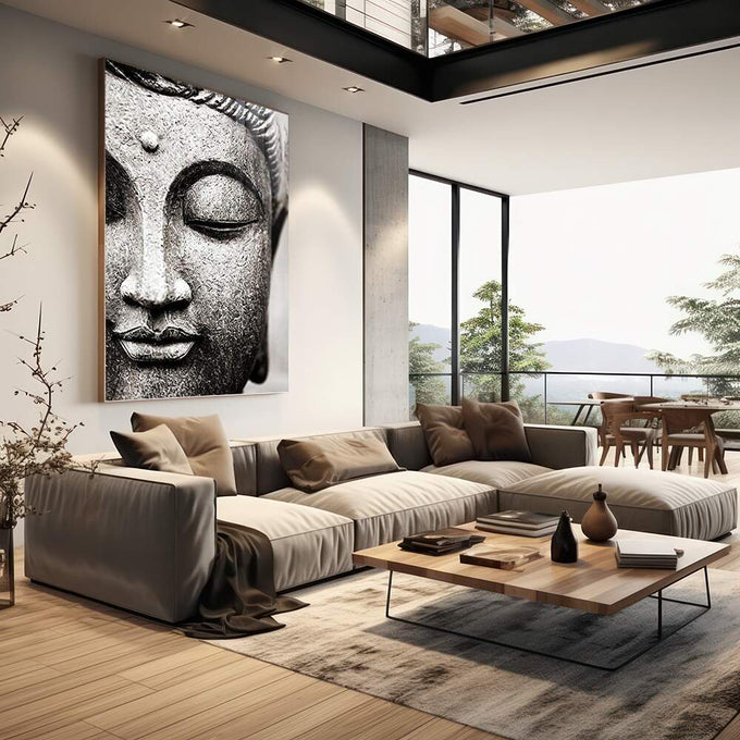 Quadro Decorativo Serenidade Budista: Uma Paz Profunda - quadros decorativos 1 Tela Vertical, 3 Telas - em sala moderna