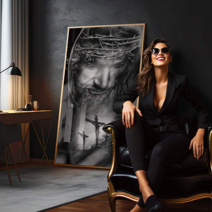 Quadro Decorativo: A Redenção em Preto e Branco - quadros decorativos para sala 1 Tela Vertical, 3 Telas - em quarto contemporaneo