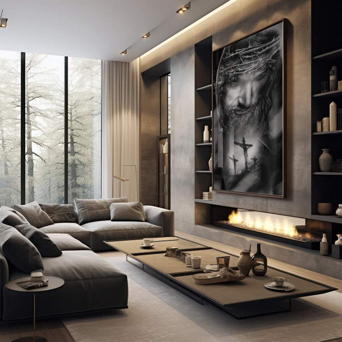 Quadro Decorativo: A Redenção em Preto e Branco - quadros decorativos 1 Tela Vertical, 3 Telas - em sala moderna