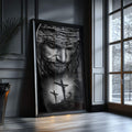 Quadro Decorativo: A Redenção em Preto e Branco - quadros decorativos para sala 1 Tela Vertical, 3 Telas - em ambiente decorado