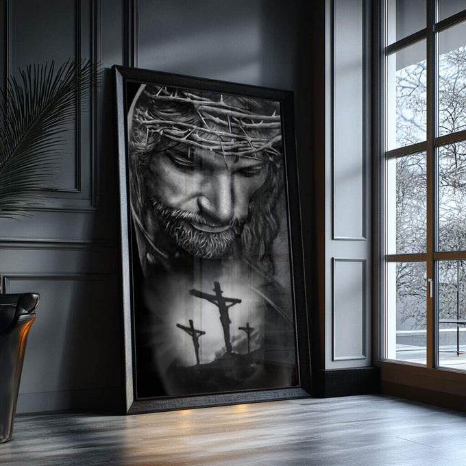 Quadro Decorativo: A Redenção em Preto e Branco - quadros decorativos para sala 1 Tela Vertical, 3 Telas - em ambiente decorado