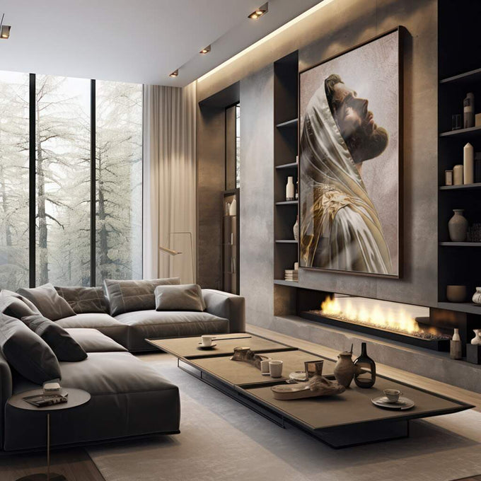 Quadro Decorativo Jesus Aura de Fé e Inspiração - quadros decorativos para sala 1 Tela Vertical, 3 Telas - em quarto contemporaneo