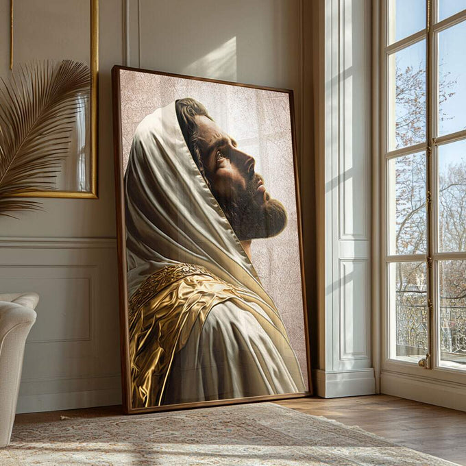 Quadro Decorativo Jesus Aura de Fé e Inspiração - quadros decorativos para sala 1 Tela Vertical, 3 Telas - em ambiente decorado