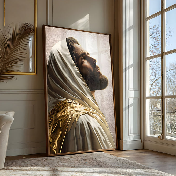 Jesus Cristo de perfil olhando para o céu, com manto branco e faixa dourada, quadro decorativo