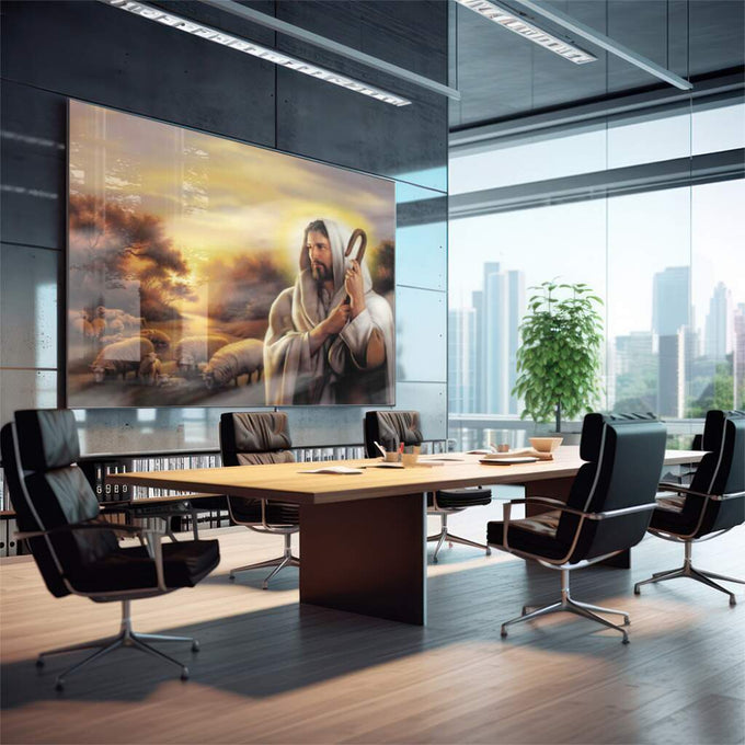 Quadro Decorativo: O Bom Pastor em Harmonia com a Natureza - quadros decorativos para sala 1 Tela, 1 Tela Horizontal - em quarto contemporaneo