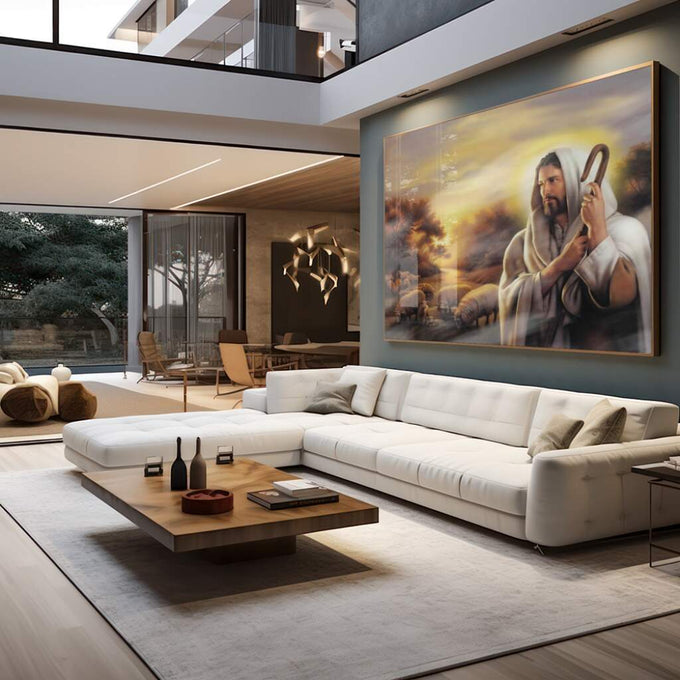 Quadro Decorativo: O Bom Pastor em Harmonia com a Natureza - quadros decorativos para sala 1 Tela, 1 Tela Horizontal - em living room premium
