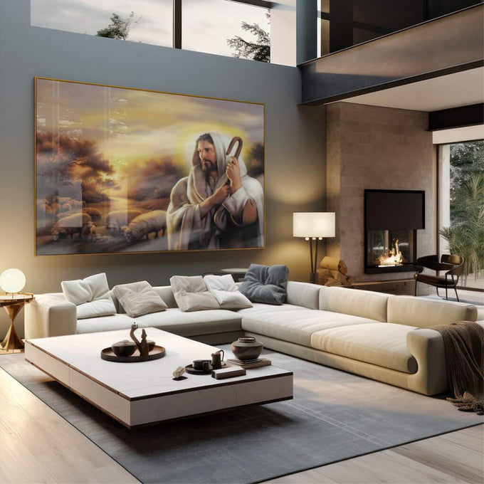 Quadro Decorativo: O Bom Pastor em Harmonia com a Natureza - quadros decorativos 1 Tela, 1 Tela Horizontal - em sala moderna