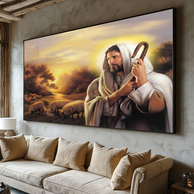 Quadro Decorativo: O Bom Pastor em Harmonia com a Natureza - quadros decorativos para sala 1 Tela, 1 Tela Horizontal - em ambiente decorado