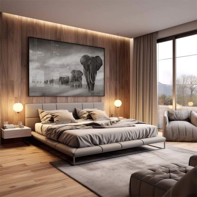 Quadro Decorativo Majestosos Elefantes em Marcha - quadros decorativos 1 Tela, 1 Tela Horizontal - em escritorio elegante
