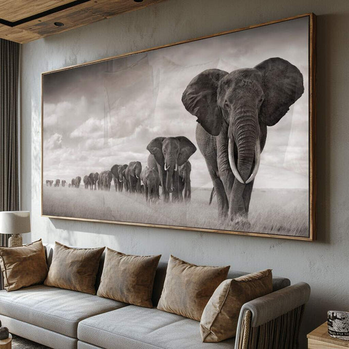 Quadro Decorativo Majestosos Elefantes em Marcha - quadros decorativos para sala 1 Tela, 1 Tela Horizontal - em ambiente decorado