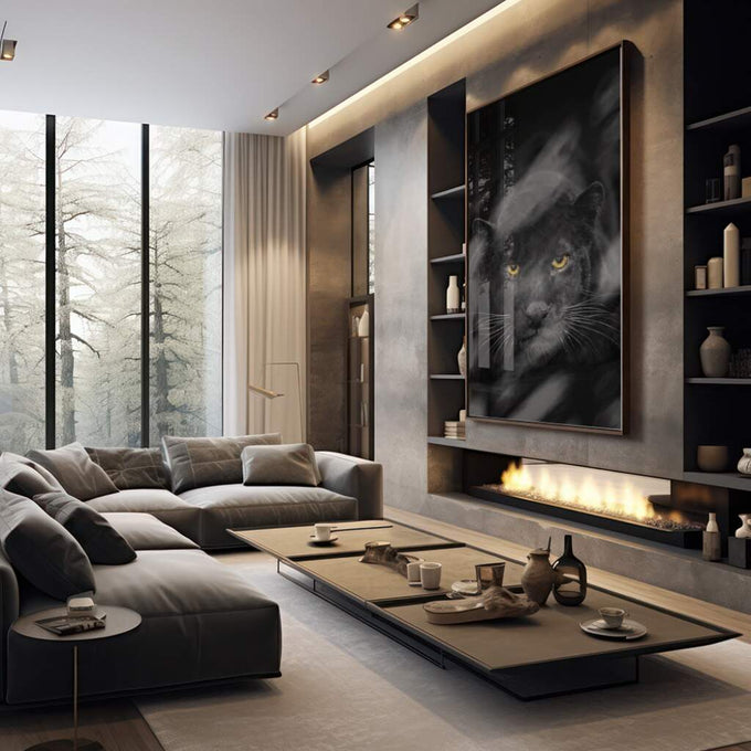 Quadro Decorativo Majestade da Pantera Negra - Adicione Elegância - quadros decorativos 1 Tela Vertical, 3 Telas - em sala moderna