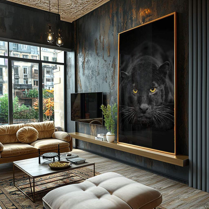 Quadro Decorativo Majestade da Pantera Negra - Adicione Elegância - quadros decorativos para sala 1 Tela Vertical, 3 Telas - em ambiente decorado