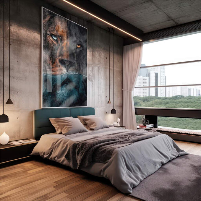 Quadro Decorativo Leão Submerso: Serenidade e Majestade - quadros decorativos 1 Tela Vertical, 3 Telas - em escritorio elegante