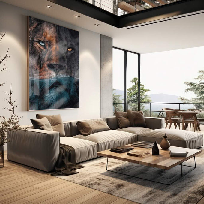 Quadro Decorativo Leão Submerso: Serenidade e Majestade - quadros decorativos para sala 1 Tela Vertical, 3 Telas - em living room premium