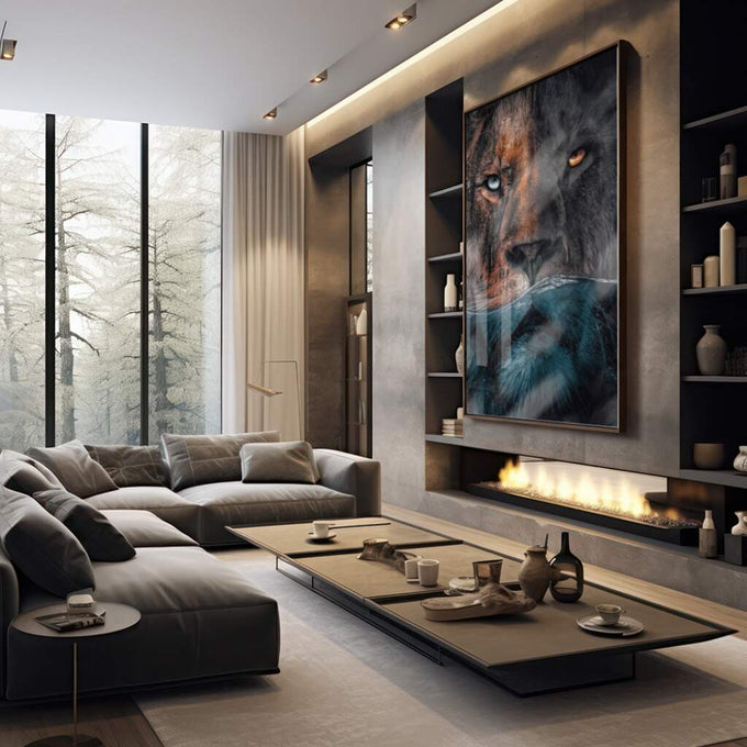 Quadro Decorativo Leão Submerso: Serenidade e Majestade - quadros decorativos 1 Tela Vertical, 3 Telas - em sala moderna