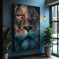 Quadro Decorativo Leão Submerso: Serenidade e Majestade - quadros decorativos para sala 1 Tela Vertical, 3 Telas - em ambiente decorado