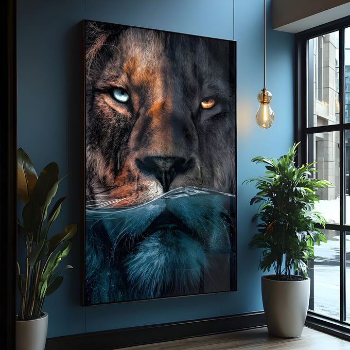 Leão com olho azul e olho âmbar, metade do rosto submerso em água azul-petróleo, quadro decorativo
