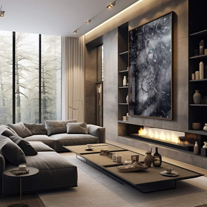 Quadro Decorativo Majestade Invernal - Leão na Neve - quadros decorativos para sala 1 Tela Vertical, 3 Telas - em living room premium