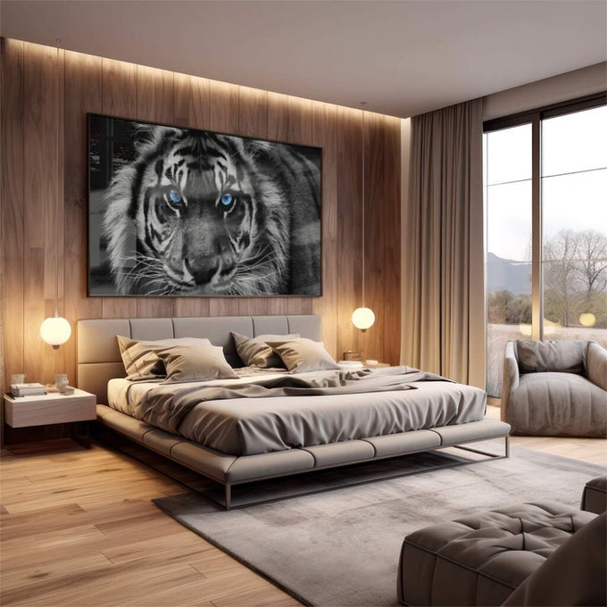 Quadro Decorativo Olhar Hipnotizante do Tigre: Pureza da Selva - quadros decorativos 1 Tela, 1 Tela Horizontal - em escritorio elegante