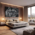 Rosto de tigre em close preto e branco com olhos azuis marcantes e bigodes brancos, quadro decorativo