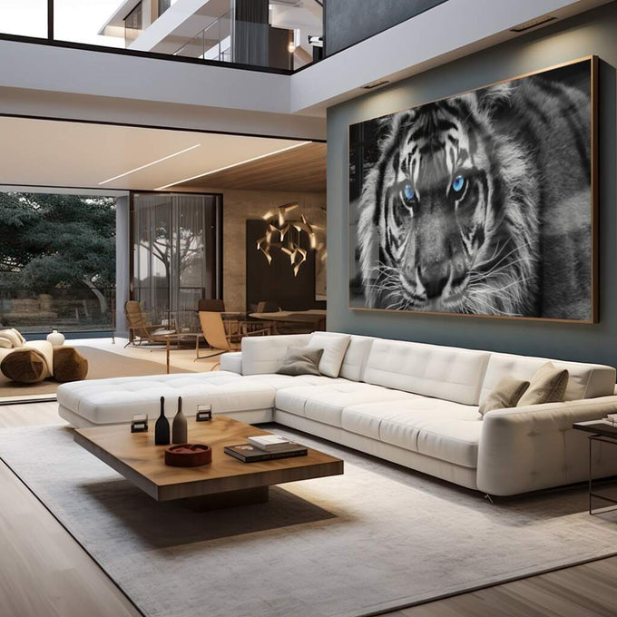 Quadro Decorativo Olhar Hipnotizante do Tigre: Pureza da Selva - quadros decorativos para sala 1 Tela, 1 Tela Horizontal - em living room premium