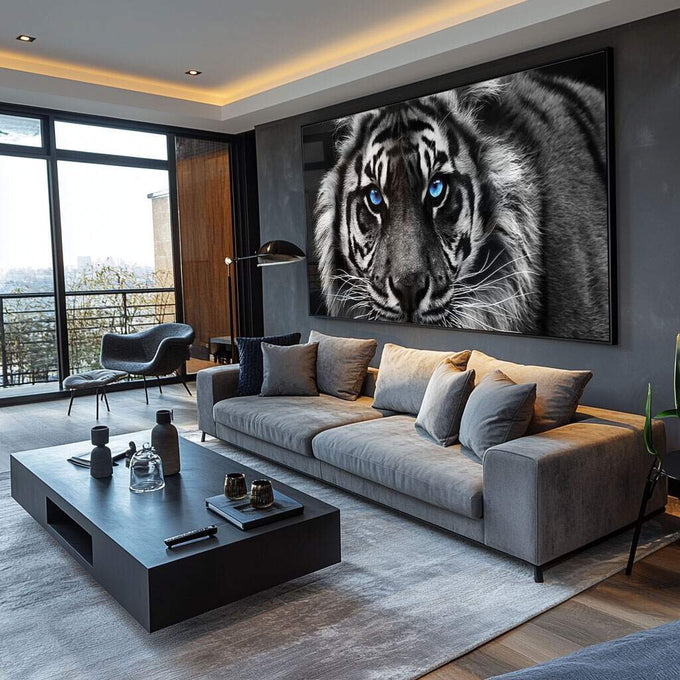 Quadro Decorativo Olhar Hipnotizante do Tigre: Pureza da Selva - quadros decorativos para sala 1 Tela, 1 Tela Horizontal - em ambiente decorado