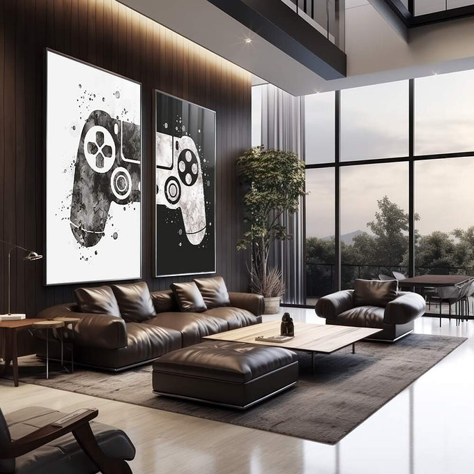 Quadro Decorativo Gamers em Ação: Exclusividade Visual - quadros decorativos 2 Telas, abstrato geométrico - em escritorio elegante